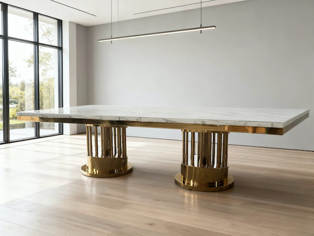  Mesa de comedor de mármol y acero inoxidable 